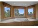 Bright bathroom with large soaking tub with a view of the surrounding trees through large windows at 1456 Shavano Ct, Evergreen, CO 80439