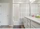 Bathroom with a shower-tub combo, white vanity, and neutral-toned walls at 5928 N Odessa St, Aurora, CO 80019