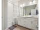 Well-lit bathroom featuring a double vanity, shower-tub combo, and modern fixtures at 5928 N Odessa St, Aurora, CO 80019
