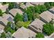 Aerial view of a neighborhood showing rooftops, lush trees, and manicured lawns on a sunny day at 1053 Snow Lily Ct, Castle Pines, CO 80108