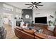 Cozy living room with a fireplace, leather sectional, and open access to other living areas, perfect for relaxing and entertaining at 1053 Snow Lily Ct, Castle Pines, CO 80108