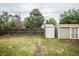 Fenced backyard with 2 sheds, mature trees and grass at 740 Moline St, Aurora, CO 80010