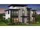 Modern home featuring black-framed windows, white siding, and stone accents with professionally landscaped grounds at 2758 Utica St, Denver, CO 80212