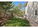 Spacious backyard with green grass, mature trees, and a fence, offering privacy and room for outdoor activities at 31402 N Bermuda Dunes Dr, Evergreen, CO 80439