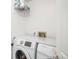 Laundry room area with side by side Samsung washer and dryer and wire rack shelving at 19099 E Creekside Dr, Parker, CO 80134