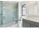 Modern bathroom with a glass-enclosed shower, gray vanity, and white tile at 5145 S Kearney Ct, Greenwood Village, CO 80111