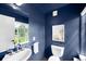 Elegant powder room with navy blue walls, a stylish sink, and a window providing natural light at 2383 Jasmine St, Denver, CO 80207