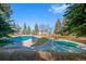 Enclosed outdoor pool area with beautiful views of the surrounding evergreen trees at 8406 Pebble Creek Way # 202, Highlands Ranch, CO 80126