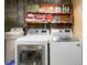 Well-lit laundry room features a front load washer and dryer and wood shelves with laundry items at 8866 E Easter Ave, Centennial, CO 80112