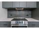 Close up of modern kitchen appliances, gray cabinets and gray tile backsplash and white countertops at 1601 Park Ave # 112, Denver, CO 80218