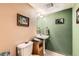 Cozy powder room with a pedestal sink, textured walls, and charming wildlife art at 1793 E 164Th Pl, Brighton, CO 80602