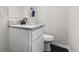 View of a powder room with a white vanity, granite countertop, and black fixtures at 850 Grove St, Denver, CO 80204