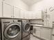 Well-equipped laundry room with modern washer, dryer, sink, and plenty of cabinet storage at 3418 New Haven Cir, Castle Rock, CO 80109