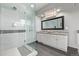 Bathroom featuring a large glass shower, double sink vanity, and a modern design at 4548 E Kentucky Cir, Denver, CO 80246