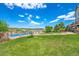 Landscaped backyard featuring a sparkling pool, grassy lawn, and scenic views of the surrounding landscape at 9928 Bluestar Dr, Parker, CO 80138