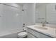 Bright bathroom featuring a shower-tub combo and vanity with countertop sink at 24563 E 34Th Ave, Aurora, CO 80019