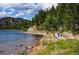 Person walking a dog on a lakeside trail with mountains in the background at 2121 Hummingbird Way # 106, Georgetown, CO 80444