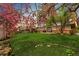 Beautiful backyard with lush green lawn, mature trees, and a patio seating area at 8736 E Easter Ave, Centennial, CO 80112