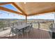 Inviting covered patio with string lights, and a dining table with seating and stunning views at 3303 Wolfensberger Rd, Sedalia, CO 80135
