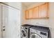 Laundry room features modern washer and dryer, white countertop, and storage cabinets above at 13025 Grant Cir # A, Thornton, CO 80241