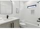 Bright bathroom featuring a modern vanity, sleek black fixtures, and a shower/tub combo with white subway tile at 2900 S Adams St, Denver, CO 80210