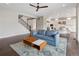 Cozy living room with a blue sofa and a view of the stairs and the kitchen at 16227 Pikes Peak Dr, Broomfield, CO 80023