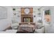 Comfortable living room featuring a fireplace, built-in shelving, and cozy armchairs at 3850 S Willow Way, Denver, CO 80237