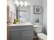 Cozy bathroom with a gray vanity, modern fixtures, and a soothing blue wall color at 9740 W 104Th Dr, Westminster, CO 80021