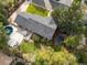 An aerial view showcases the backyard, including a pool, patio seating, a trampoline, and lush greenery at 6088 S Lakeview St, Littleton, CO 80120