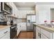 Kitchen boasts modern stainless steel appliances, sleek countertops and backsplash, paired with stylish dark hardware at 6491 N Danube St, Denver, CO 80249