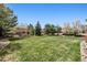 Spacious backyard with a lush lawn and mature trees, offering privacy and a serene outdoor space at 5207 Denim Ct, Parker, CO 80134