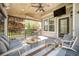 Comfortable covered patio with ceiling fan, TV, wood ceiling and stylish outdoor furniture at 8548 Winter Berry Dr, Castle Pines, CO 80108