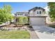 Charming two-story home boasts a welcoming front porch and attached two-car garage, set on a well-maintained lot at 8548 Winter Berry Dr, Castle Pines, CO 80108