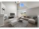 Living area with fireplace, vaulted ceiling, large window, and modern neutral-toned furniture at 5934 Kingsfield St, Castle Rock, CO 80104