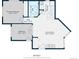 Home floor plan featuring a living room, kitchen, bath, and two bedrooms with dimensions at 980 S Dahlia St # F, Denver, CO 80246