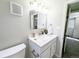 Bathroom with a modern vanity, mirror and lighting fixture; towel and plant for decoration at 1164 Wabash St, Denver, CO 80220