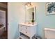 Charming bathroom with a white vanity, framed mirror, and light blue walls at 9929 W Fairview Ave, Littleton, CO 80127