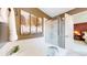A bathroom features a walk-in shower, a jacuzzi tub, and nearby bedroom access at 13307 Humboldt Dr, Thornton, CO 80241
