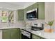 Modern kitchen showcasing stainless steel appliances, white countertops, and green cabinetry at 3400 Garland St, Wheat Ridge, CO 80033