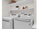 Well-organized laundry room includes modern washer and dryer with shelving for storage solutions at 1862 Mallard Dr, Superior, CO 80027