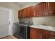 Functional laundry room with modern washer and dryer units, sink, and ample cabinet storage at 10153 Pagosa St, Commerce City, CO 80022