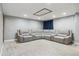 A finished basement has recessed lights and a large sectional couch at 5370 S Flanders Way, Centennial, CO 80015