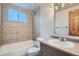 Well-lit bathroom featuring tiled shower-tub combination with window at 336 N Grant St # 412, Denver, CO 80203