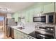 Modern kitchen featuring stainless steel appliances, light green cabinets, and a subway tile backsplash, with a view of the sink at 336 N Grant St # 412, Denver, CO 80203