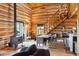 Spacious living room with log walls, wood-burning stove, and open staircase to a second level at 3945 Douglas Mountain Dr, Golden, CO 80403