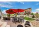 The patio features stylish outdoor furniture including seating, a table, and red umbrellas at 3480 Mount Powell Dr, Broomfield, CO 80023