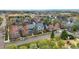 Beautiful aerial view showcasing a residential neighborhood with tree-lined streets, colorful houses, and community spaces at 9826 E 27Th Dr, Denver, CO 80238
