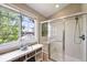 Bright bathroom features glass-enclosed shower, window views, and ample storage for organization at 9265 Buttonhill Ct, Highlands Ranch, CO 80130