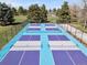 Multiple pickleball courts with blue and purple surfaces, surrounded by fencing and mature landscaping at 2964 S Akron St, Denver, CO 80231