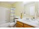 Well-lit bathroom featuring a shower and tub combination, single sink vanity and soft decor at 15597 E Dorado Ave, Centennial, CO 80015